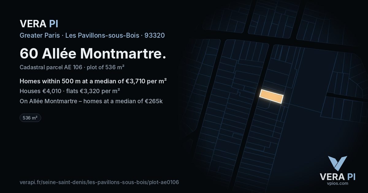 60 Allée Montmartre, Les Pavillons-sous-Bois at night – the plot lit, the parcels around coloured by the prices near them
