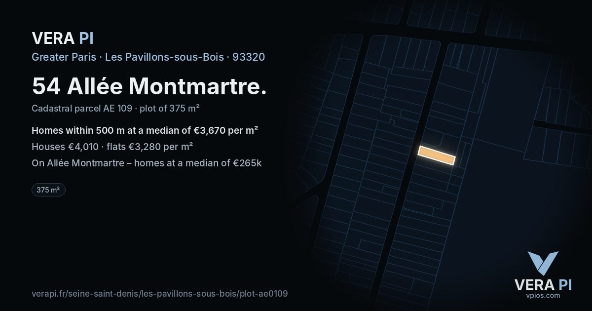 54 Allée Montmartre, Les Pavillons-sous-Bois at night – the plot lit, the parcels around coloured by the prices near them