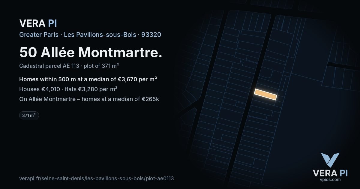 50 Allée Montmartre, Les Pavillons-sous-Bois at night – the plot lit, the parcels around coloured by the prices near them