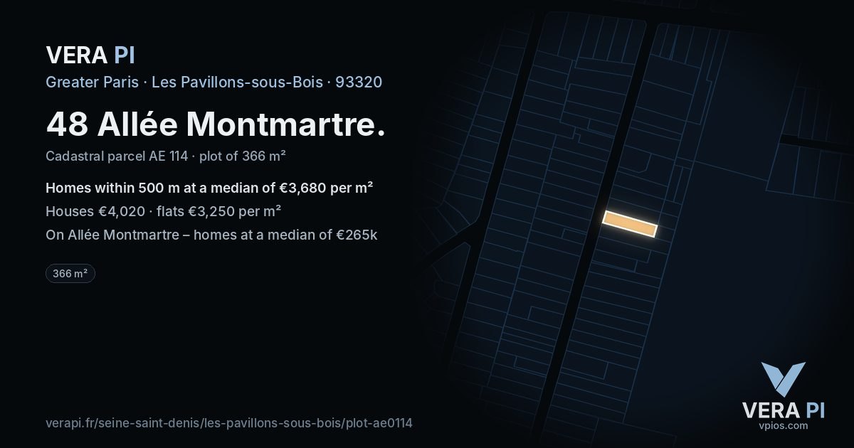 48 Allée Montmartre, Les Pavillons-sous-Bois at night – the plot lit, the parcels around coloured by the prices near them
