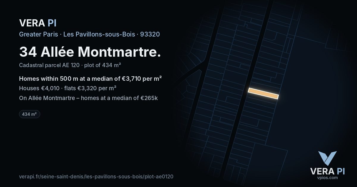 34 Allée Montmartre, Les Pavillons-sous-Bois at night – the plot lit, the parcels around coloured by the prices near them