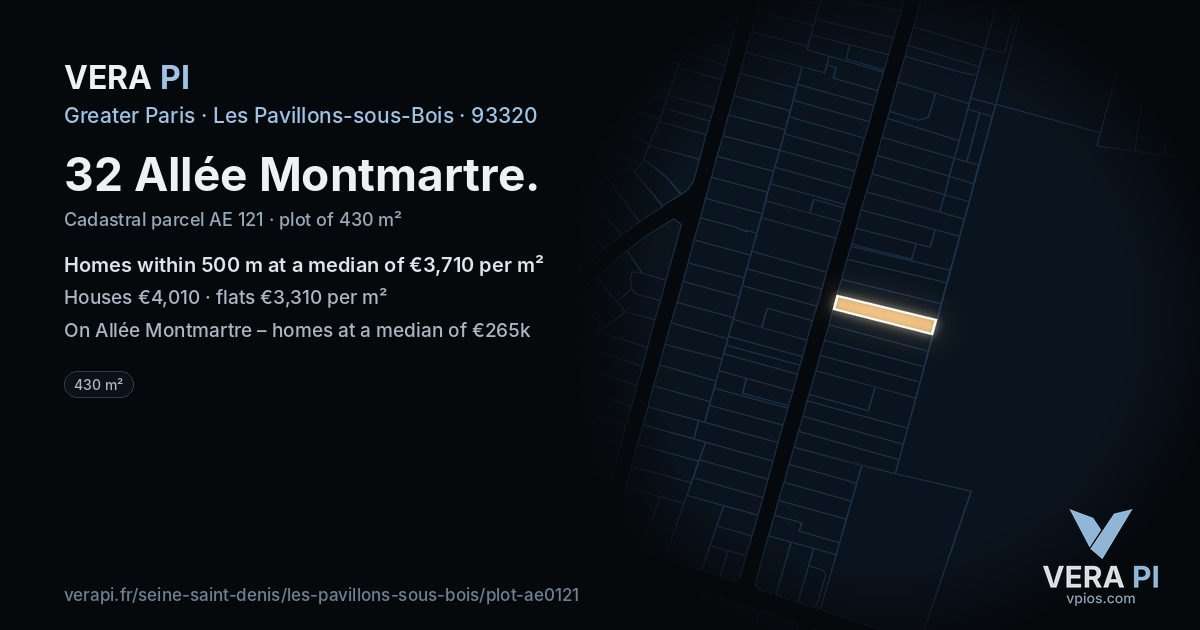 32 Allée Montmartre, Les Pavillons-sous-Bois at night – the plot lit, the parcels around coloured by the prices near them
