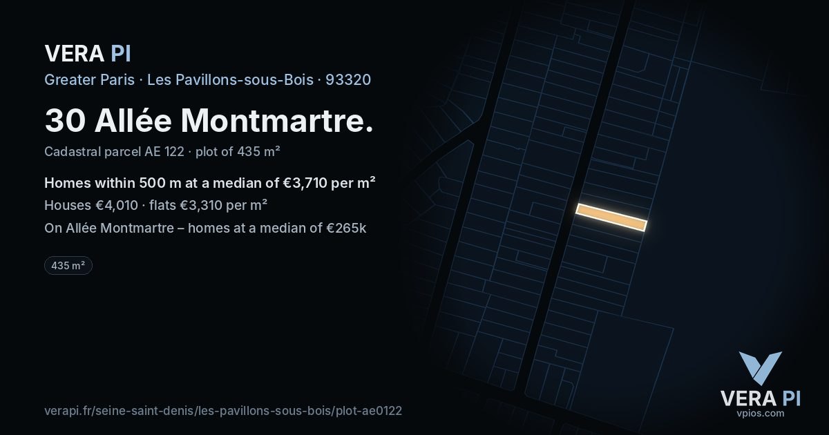 30 Allée Montmartre, Les Pavillons-sous-Bois at night – the plot lit, the parcels around coloured by the prices near them
