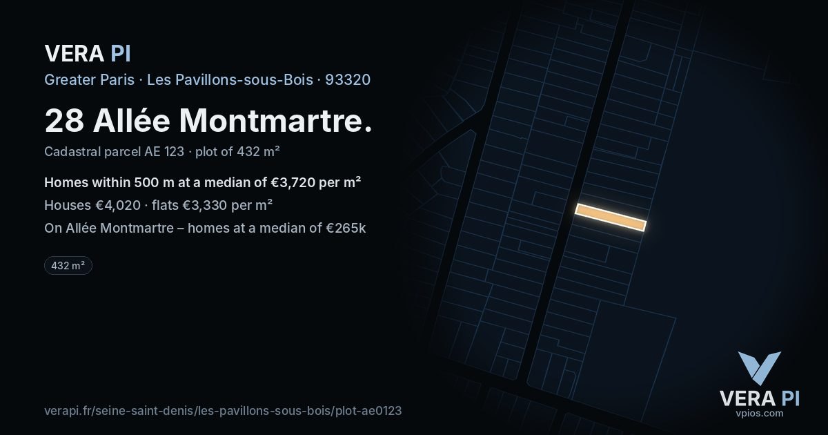 28 Allée Montmartre, Les Pavillons-sous-Bois at night – the plot lit, the parcels around coloured by the prices near them