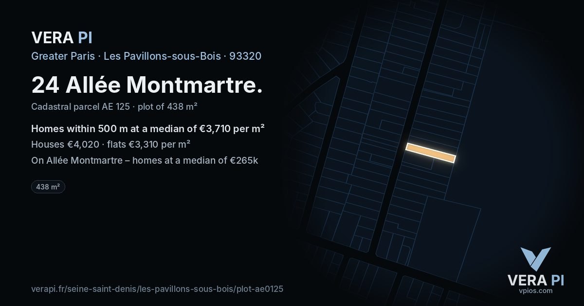 24 Allée Montmartre, Les Pavillons-sous-Bois at night – the plot lit, the parcels around coloured by the prices near them