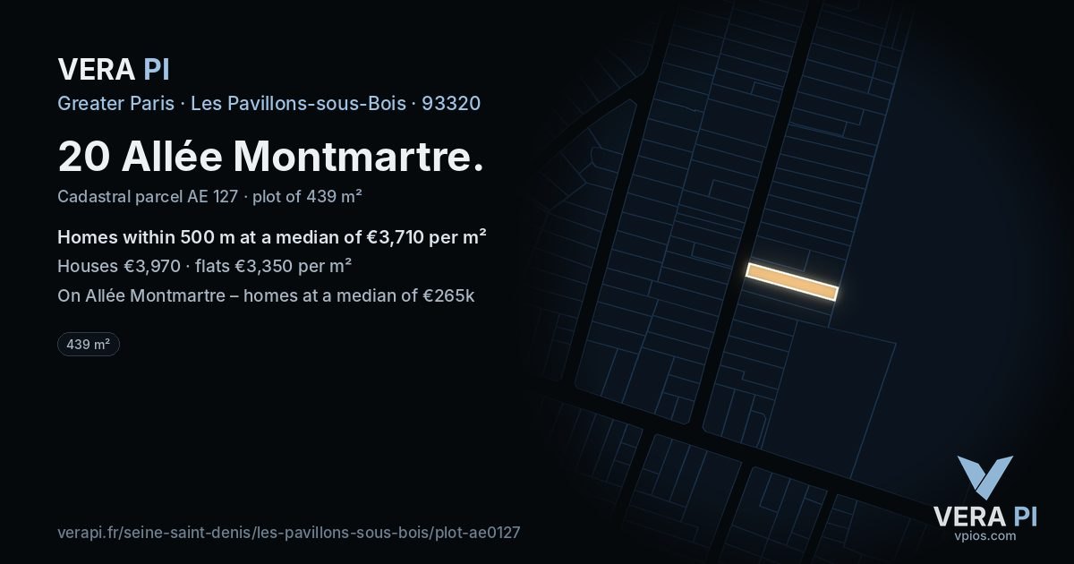 20 Allée Montmartre, Les Pavillons-sous-Bois at night – the plot lit, the parcels around coloured by the prices near them