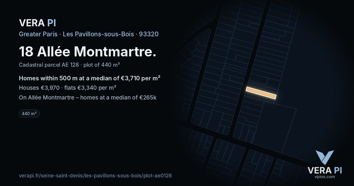 18 Allée Montmartre, Les Pavillons-sous-Bois at night – the plot lit, the parcels around coloured by the prices near them