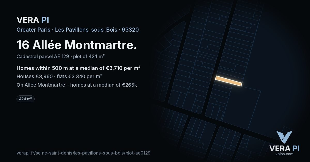 16 Allée Montmartre, Les Pavillons-sous-Bois at night – the plot lit, the parcels around coloured by the prices near them