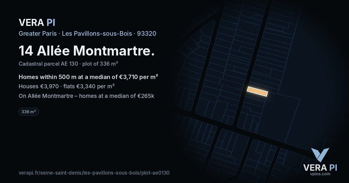 14 Allée Montmartre, Les Pavillons-sous-Bois at night – the plot lit, the parcels around coloured by the prices near them