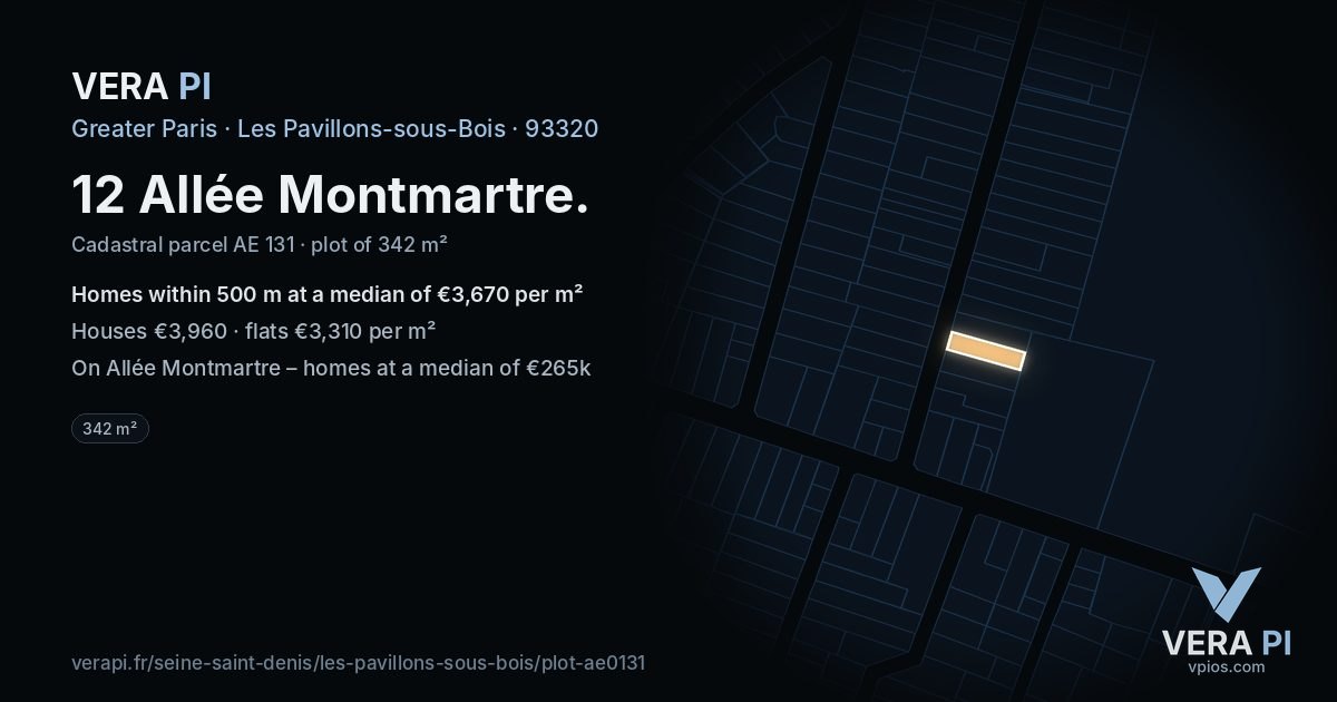 12 Allée Montmartre, Les Pavillons-sous-Bois at night – the plot lit, the parcels around coloured by the prices near them