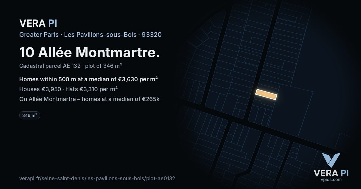 10 Allée Montmartre, Les Pavillons-sous-Bois at night – the plot lit, the parcels around coloured by the prices near them