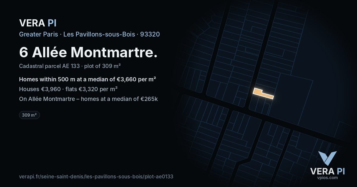 6 Allée Montmartre, Les Pavillons-sous-Bois at night – the plot lit, the parcels around coloured by the prices near them