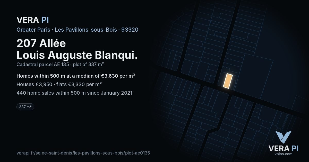 207 Allée Louis Auguste Blanqui, Les Pavillons-sous-Bois at night – the plot lit, the parcels around coloured by the prices near them