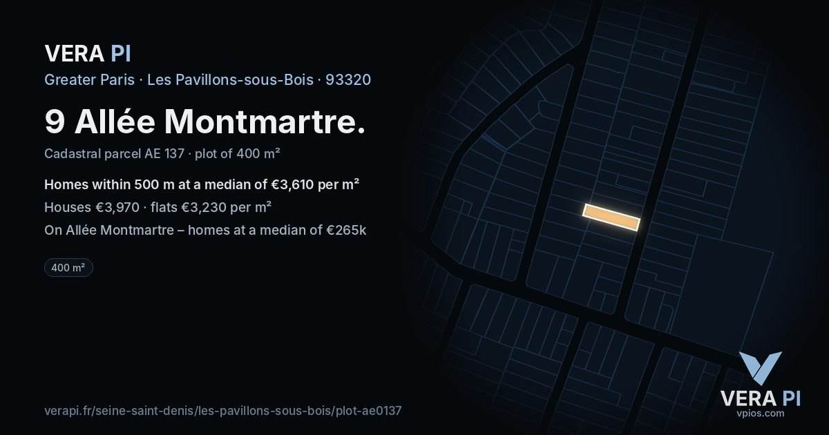 9 Allée Montmartre, Les Pavillons-sous-Bois at night – the plot lit, the parcels around coloured by the prices near them