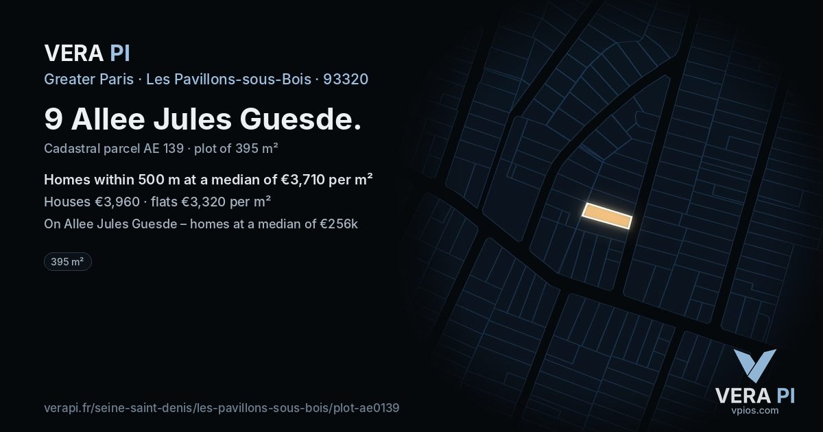 9 Allee Jules Guesde, Les Pavillons-sous-Bois at night – the plot lit, the parcels around coloured by the prices near them