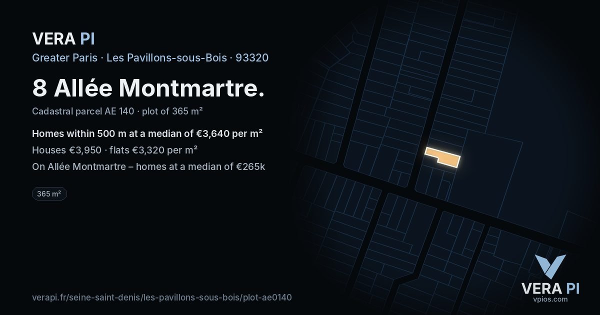 8 Allée Montmartre, Les Pavillons-sous-Bois at night – the plot lit, the parcels around coloured by the prices near them