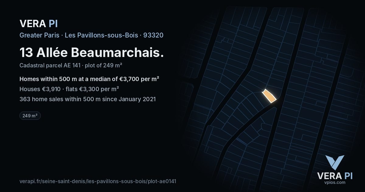 13 Allée Beaumarchais, Les Pavillons-sous-Bois at night – the plot lit, the parcels around coloured by the prices near them