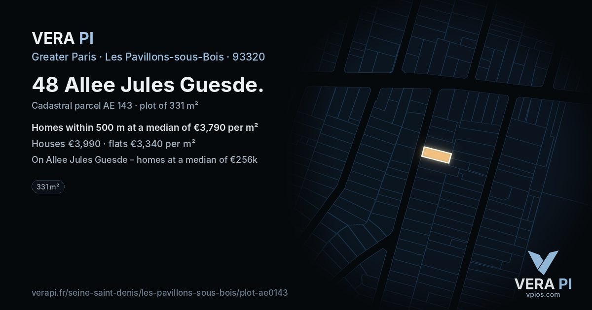 48 Allee Jules Guesde, Les Pavillons-sous-Bois at night – the plot lit, the parcels around coloured by the prices near them