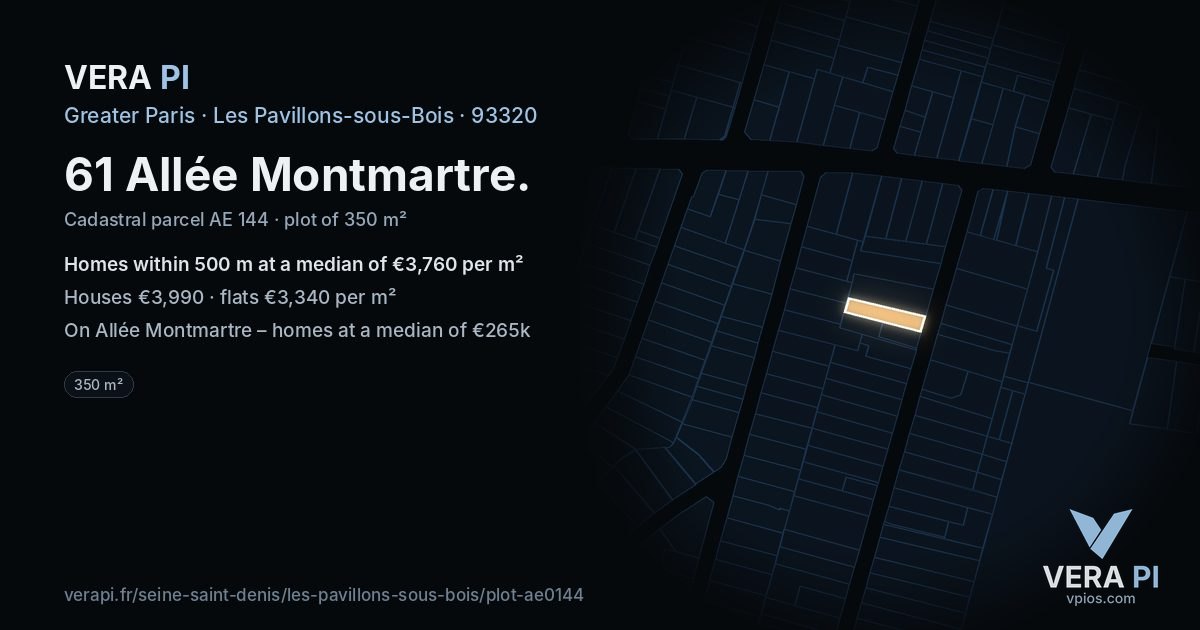 61 Allée Montmartre, Les Pavillons-sous-Bois at night – the plot lit, the parcels around coloured by the prices near them