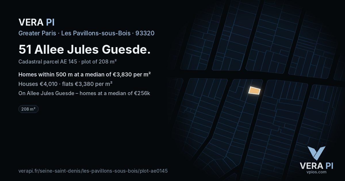 51 Allee Jules Guesde, Les Pavillons-sous-Bois at night – the plot lit, the parcels around coloured by the prices near them