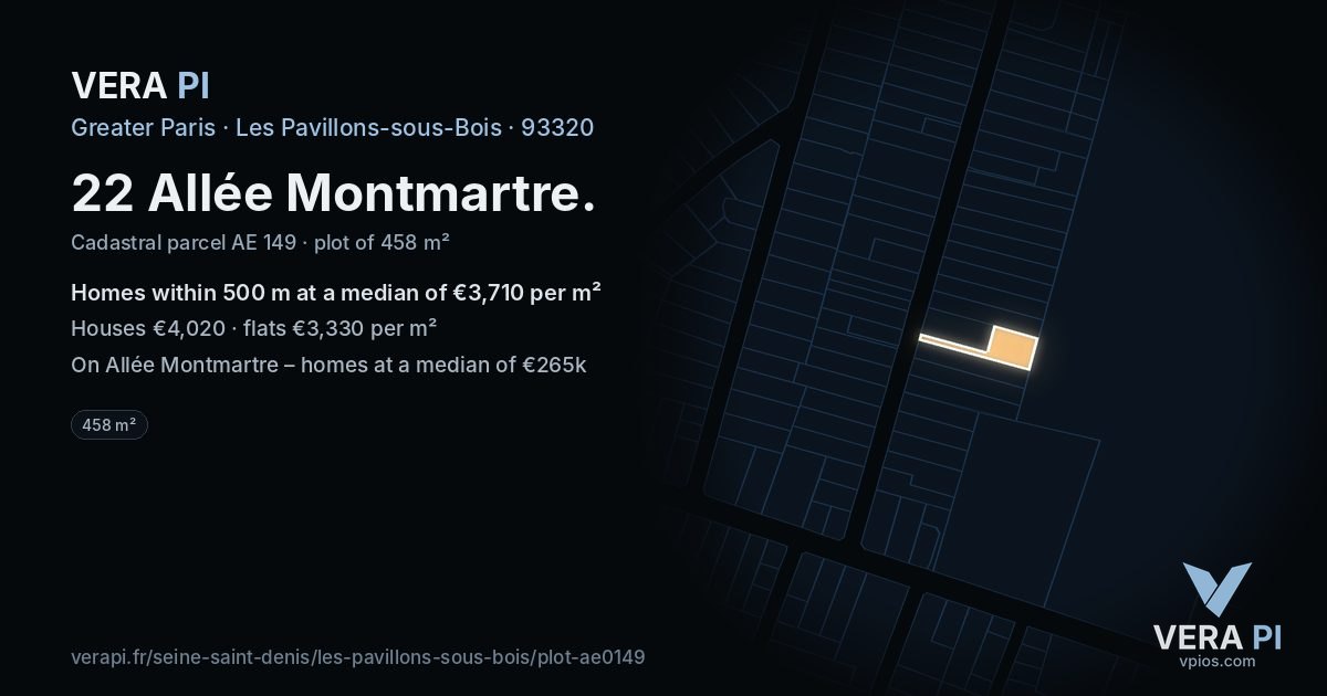 22 Allée Montmartre, Les Pavillons-sous-Bois at night – the plot lit, the parcels around coloured by the prices near them