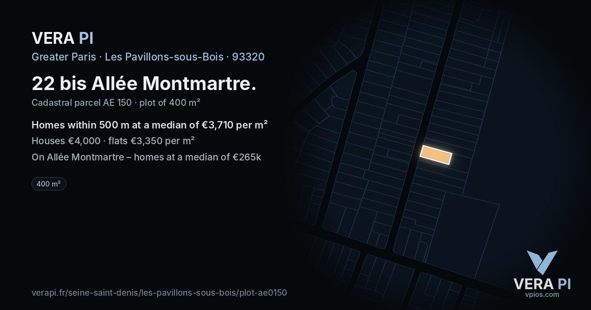22 bis Allée Montmartre, Les Pavillons-sous-Bois at night – the plot lit, the parcels around coloured by the prices near them
