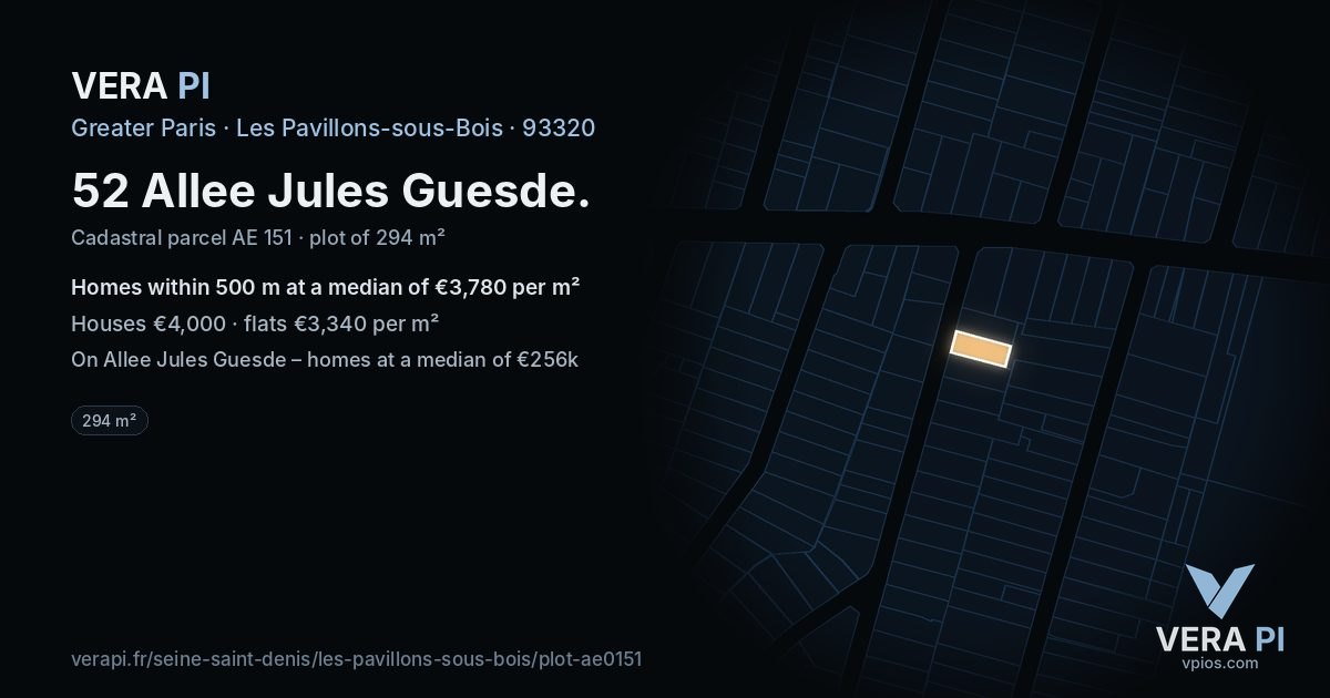 52 Allee Jules Guesde, Les Pavillons-sous-Bois at night – the plot lit, the parcels around coloured by the prices near them