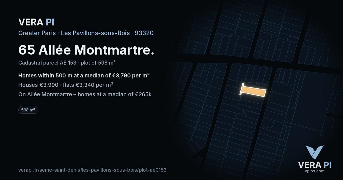 65 Allée Montmartre, Les Pavillons-sous-Bois at night – the plot lit, the parcels around coloured by the prices near them