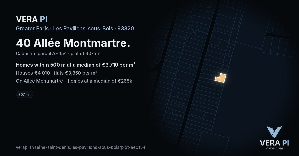 40 Allée Montmartre, Les Pavillons-sous-Bois at night – the plot lit, the parcels around coloured by the prices near them