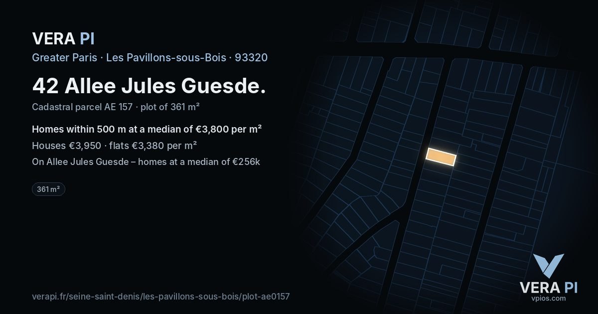 42 Allee Jules Guesde, Les Pavillons-sous-Bois at night – the plot lit, the parcels around coloured by the prices near them