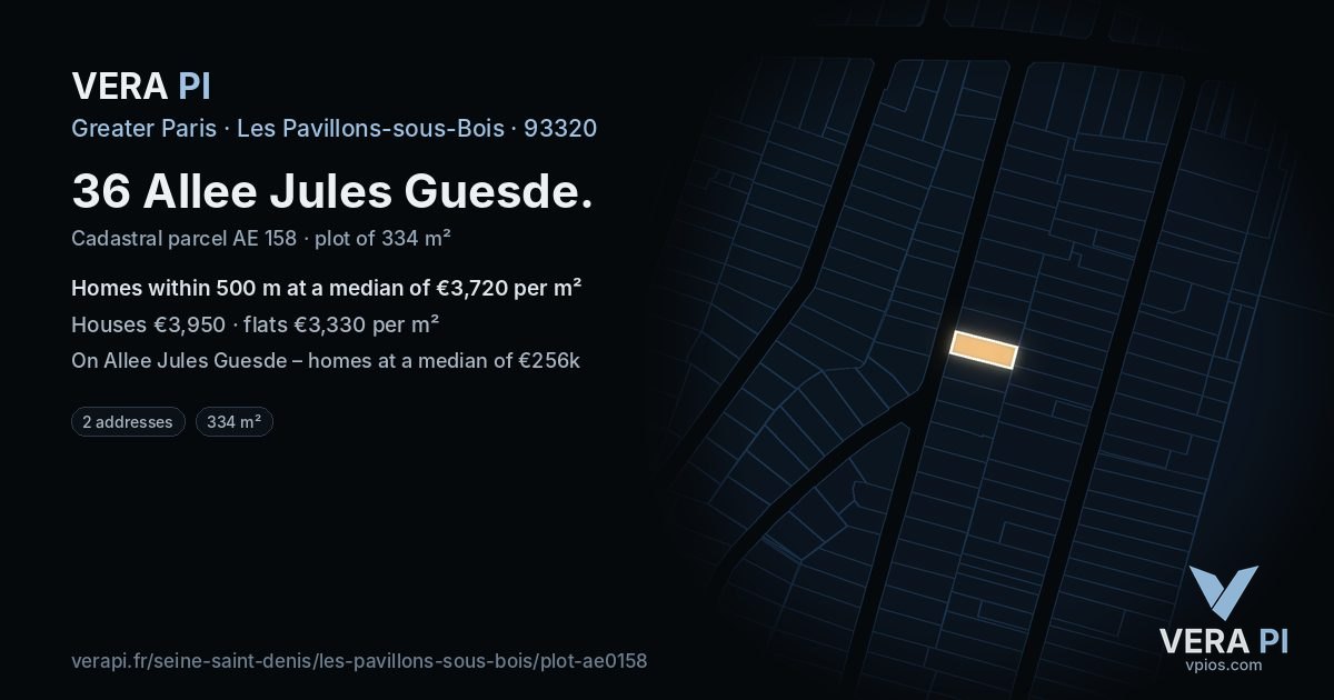 36 Allee Jules Guesde, Les Pavillons-sous-Bois at night – the plot lit, the parcels around coloured by the prices near them