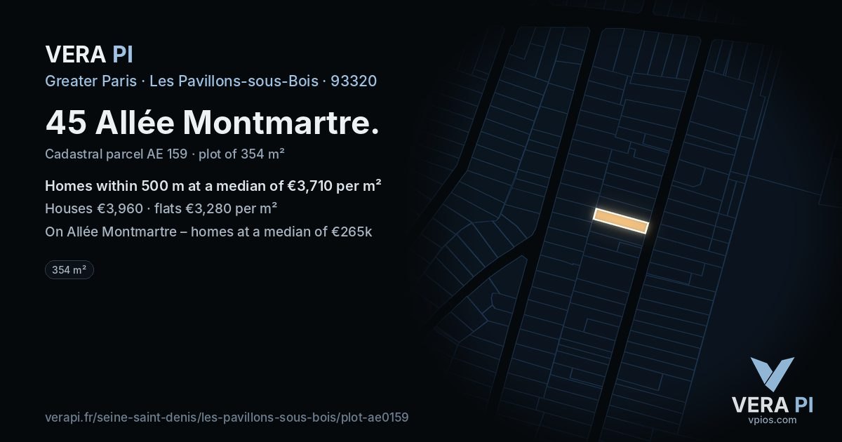 45 Allée Montmartre, Les Pavillons-sous-Bois at night – the plot lit, the parcels around coloured by the prices near them