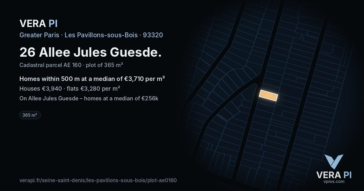 26 Allee Jules Guesde, Les Pavillons-sous-Bois at night – the plot lit, the parcels around coloured by the prices near them