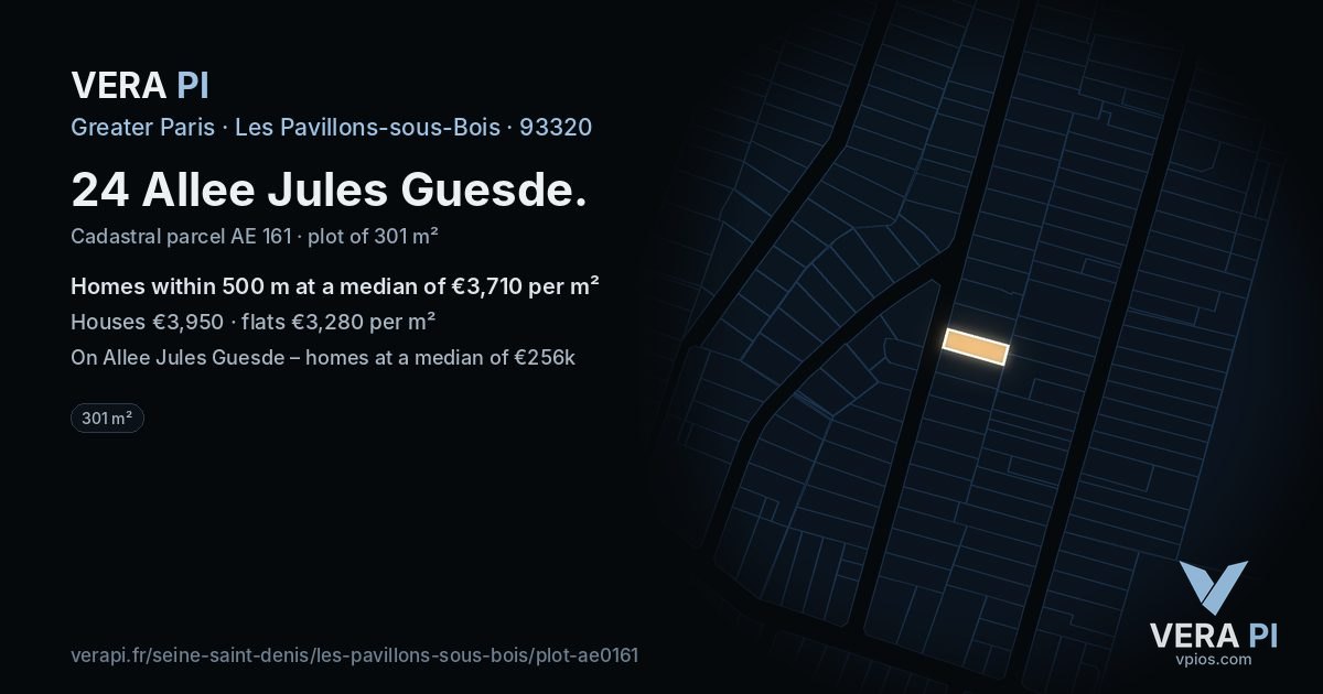 24 Allee Jules Guesde, Les Pavillons-sous-Bois at night – the plot lit, the parcels around coloured by the prices near them