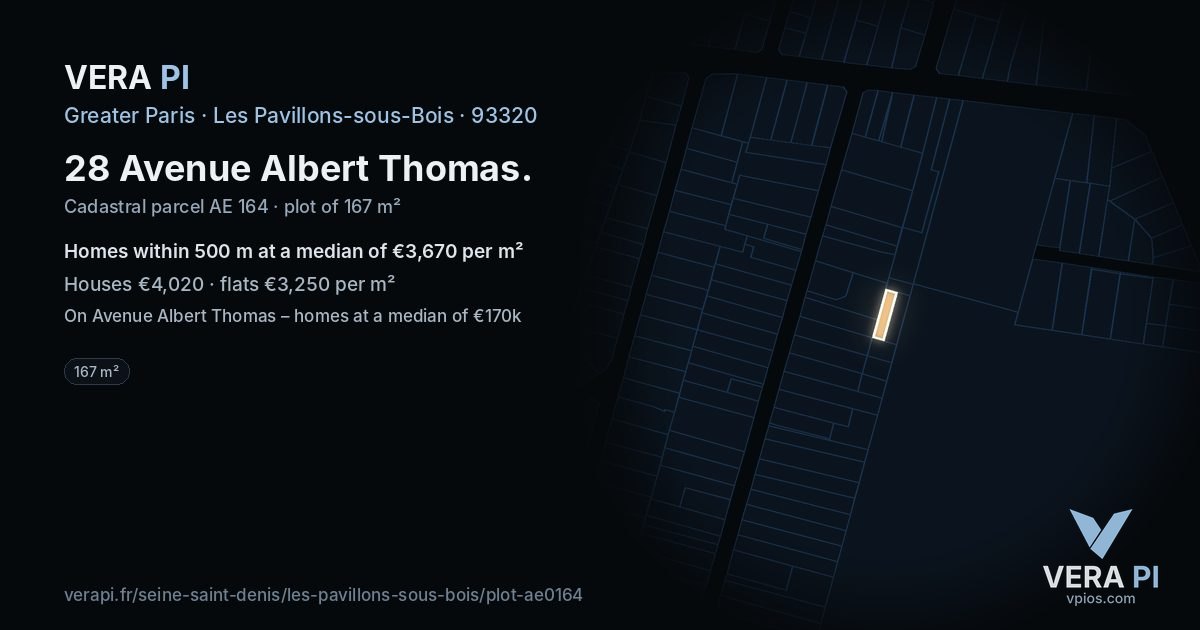 28 Avenue Albert Thomas, Les Pavillons-sous-Bois at night – the plot lit, the parcels around coloured by the prices near them