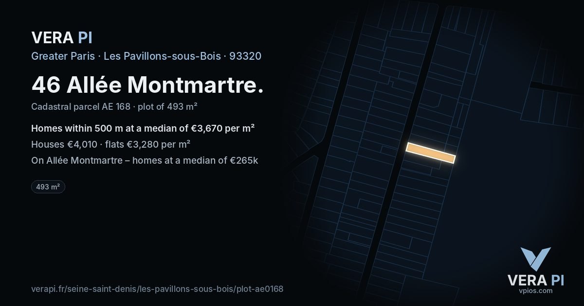 46 Allée Montmartre, Les Pavillons-sous-Bois at night – the plot lit, the parcels around coloured by the prices near them