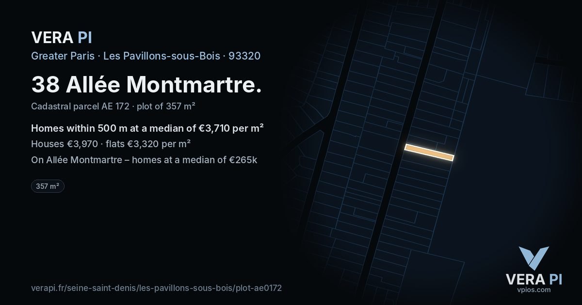 38 Allée Montmartre, Les Pavillons-sous-Bois at night – the plot lit, the parcels around coloured by the prices near them