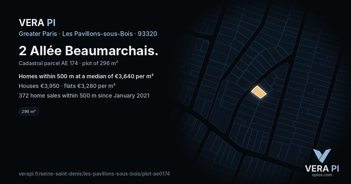 2 Allée Beaumarchais, Les Pavillons-sous-Bois at night – the plot lit, the parcels around coloured by the prices near them