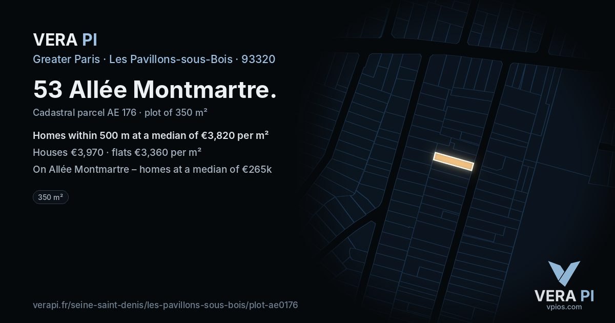 53 Allée Montmartre, Les Pavillons-sous-Bois at night – the plot lit, the parcels around coloured by the prices near them