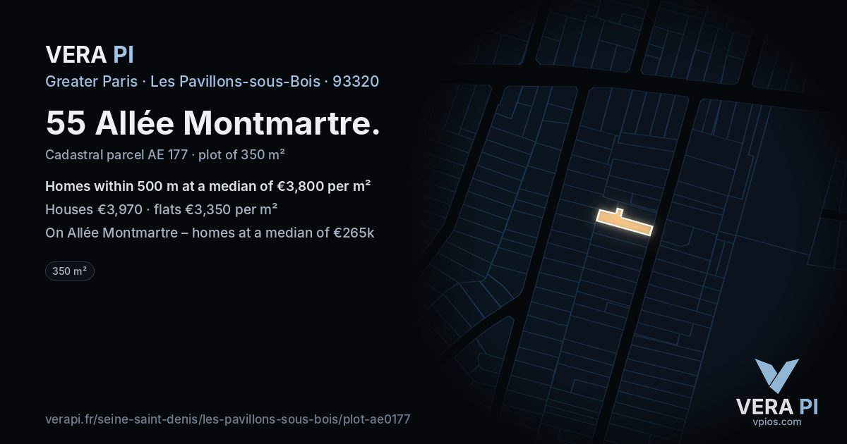 55 Allée Montmartre, Les Pavillons-sous-Bois at night – the plot lit, the parcels around coloured by the prices near them