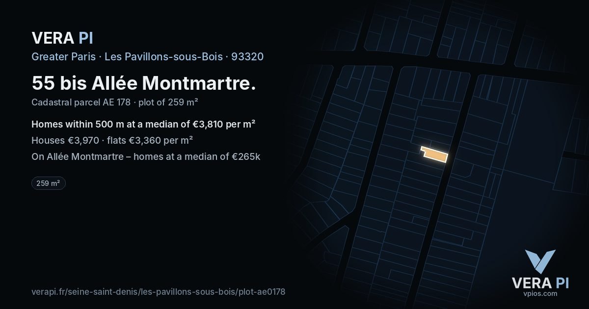 55 bis Allée Montmartre, Les Pavillons-sous-Bois at night – the plot lit, the parcels around coloured by the prices near them