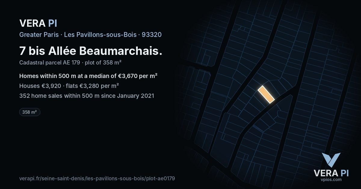 7 bis Allée Beaumarchais, Les Pavillons-sous-Bois at night – the plot lit, the parcels around coloured by the prices near them
