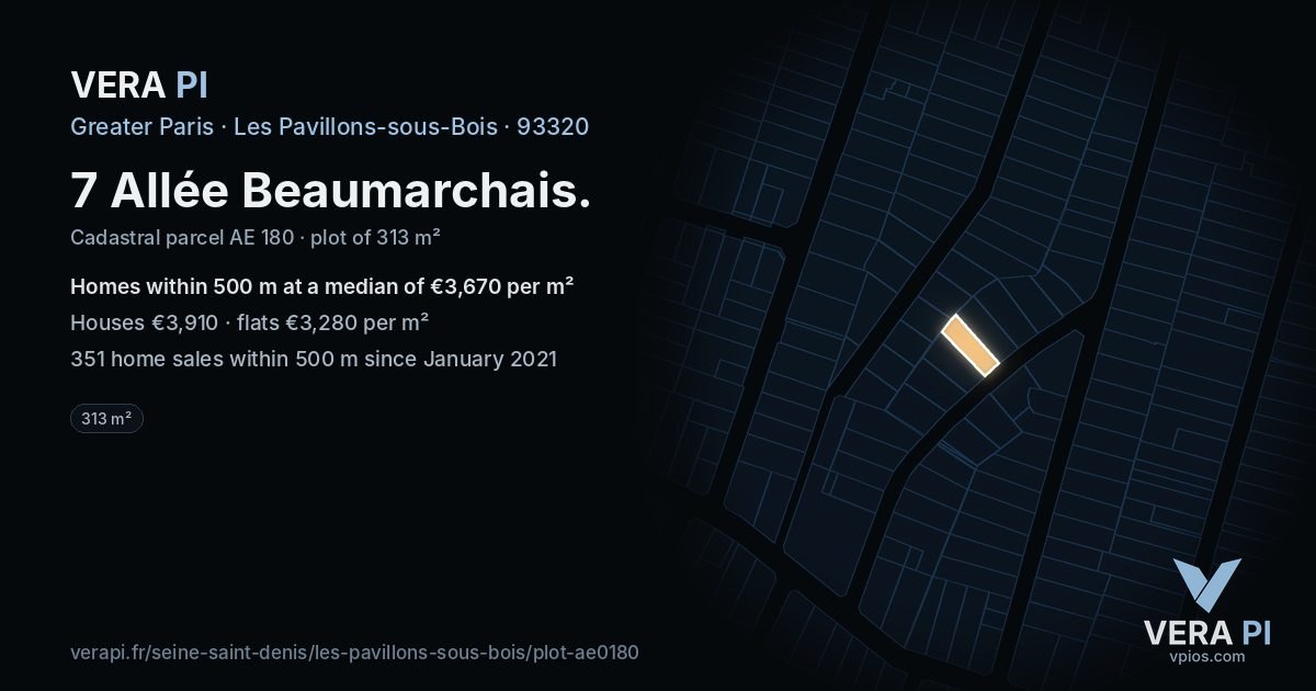 7 Allée Beaumarchais, Les Pavillons-sous-Bois at night – the plot lit, the parcels around coloured by the prices near them