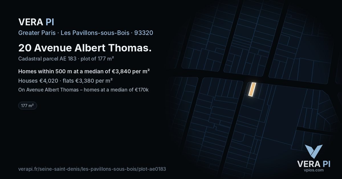 20 Avenue Albert Thomas, Les Pavillons-sous-Bois at night – the plot lit, the parcels around coloured by the prices near them