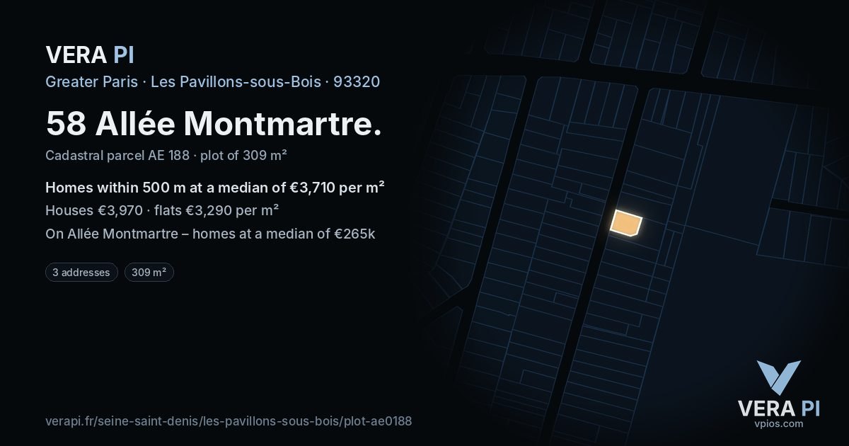 58 Allée Montmartre, Les Pavillons-sous-Bois at night – the plot lit, the parcels around coloured by the prices near them