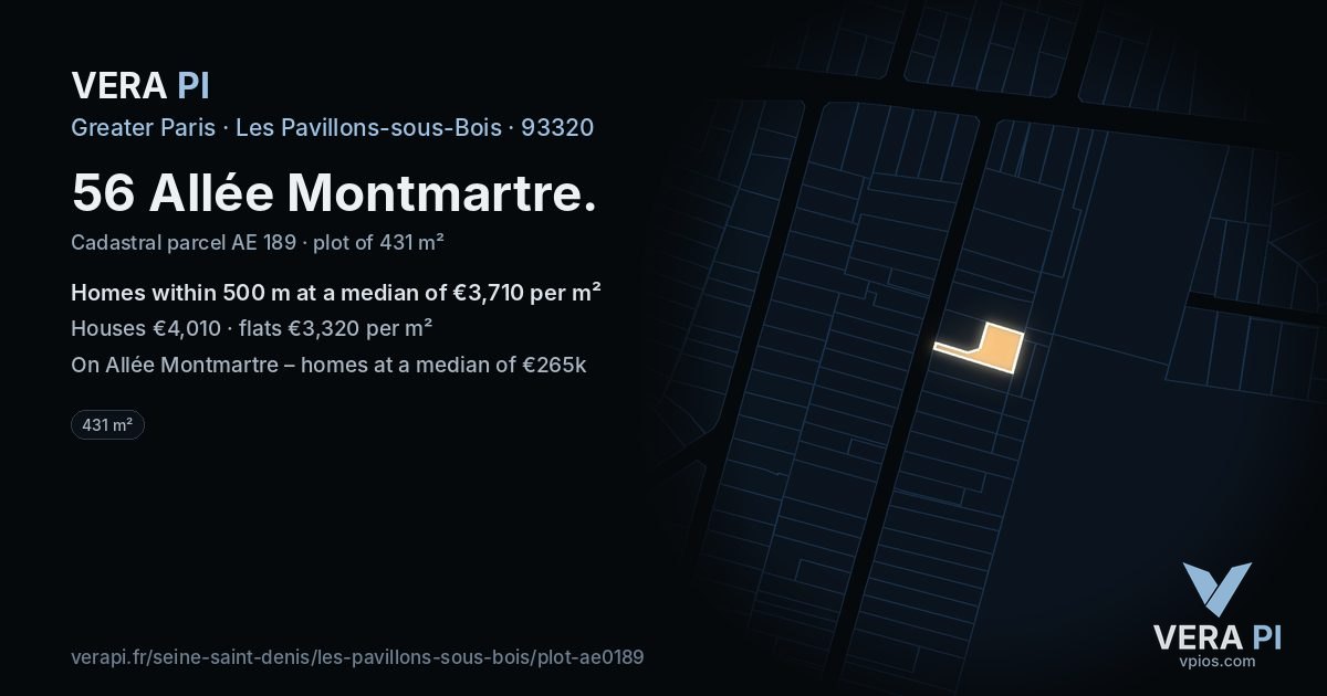 56 Allée Montmartre, Les Pavillons-sous-Bois at night – the plot lit, the parcels around coloured by the prices near them