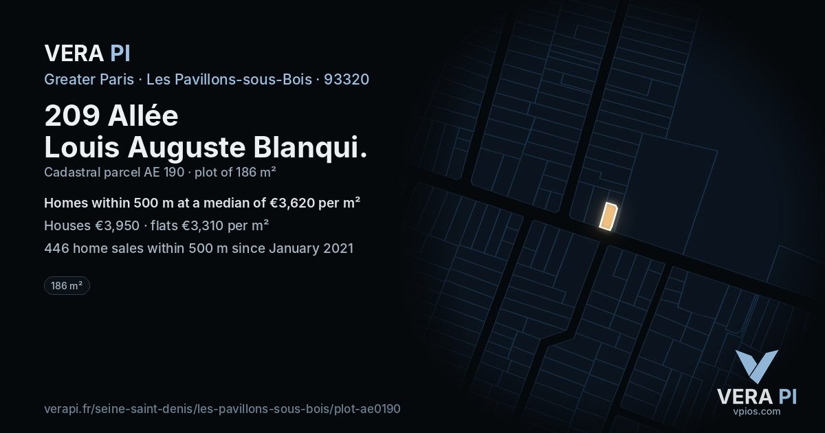 209 Allée Louis Auguste Blanqui, Les Pavillons-sous-Bois at night – the plot lit, the parcels around coloured by the prices near them