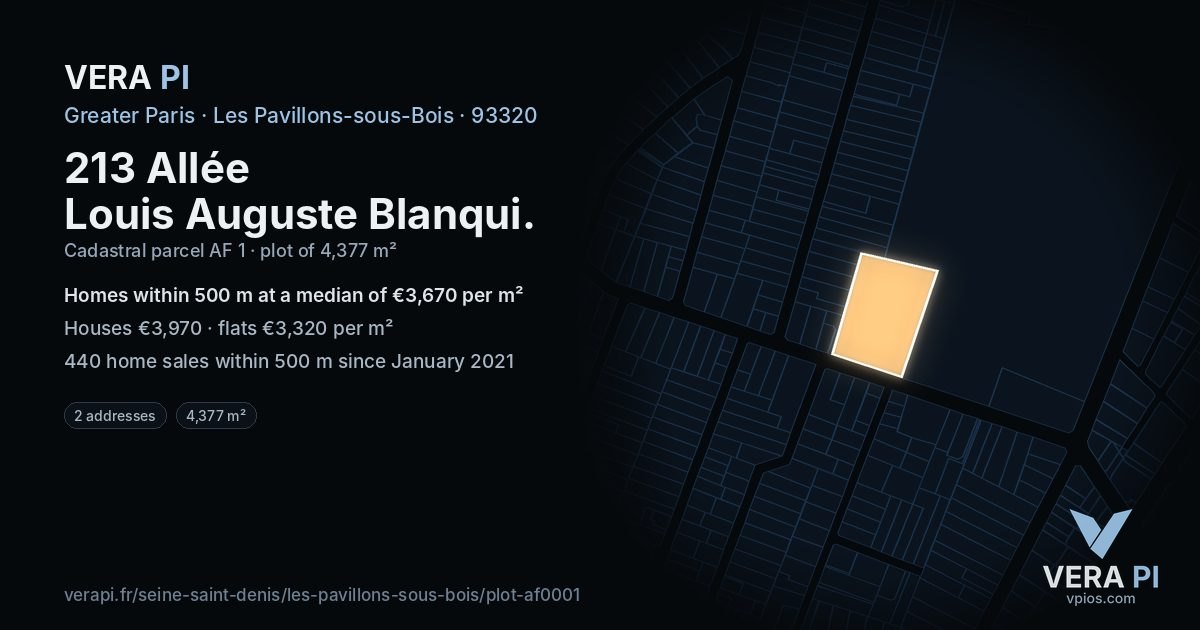 213 Allée Louis Auguste Blanqui, Les Pavillons-sous-Bois at night – the plot lit, the parcels around coloured by the prices near them