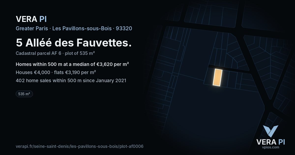 5 Alléé des Fauvettes, Les Pavillons-sous-Bois at night – the plot lit, the parcels around coloured by the prices near them