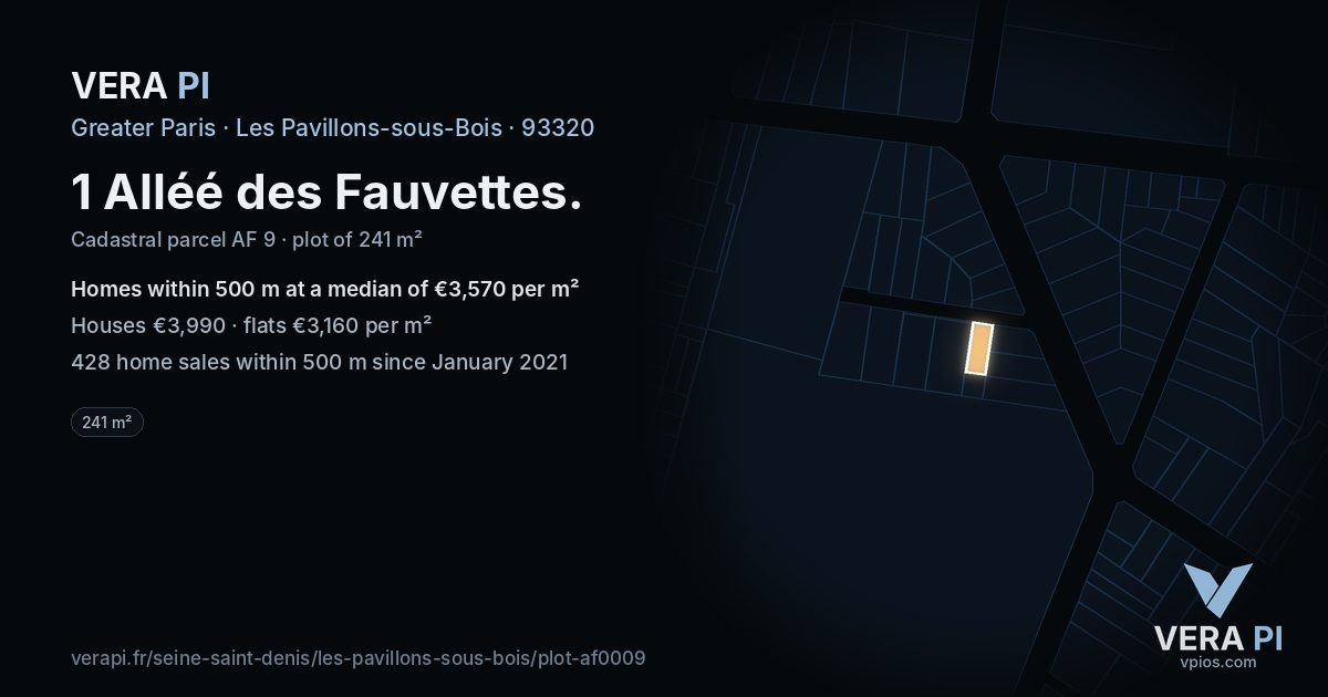 1 Alléé des Fauvettes, Les Pavillons-sous-Bois at night – the plot lit, the parcels around coloured by the prices near them